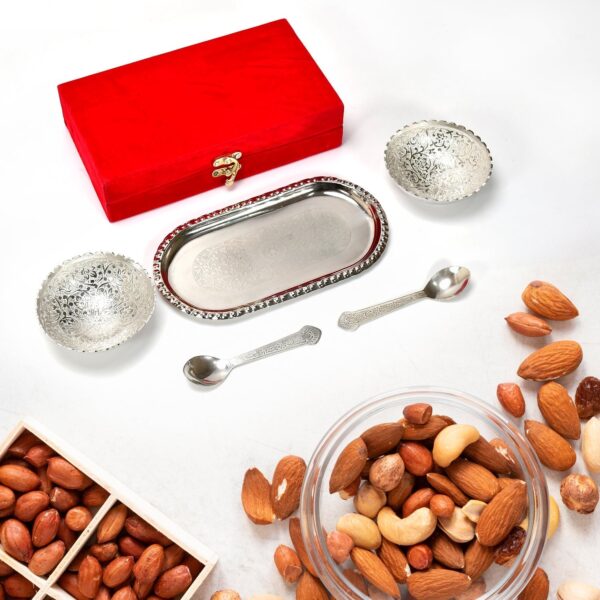 2947A Silver Plated 2 Bowl 2 Spoon Tray Set Brass with Red Velvet Gift Box Serving Dry Fruits Desserts Gift, Bartan