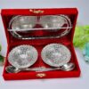 2947A Silver Plated 2 Bowl 2 Spoon Tray Set Brass with Red Velvet Gift Box Serving Dry Fruits Desserts Gift, Bartan