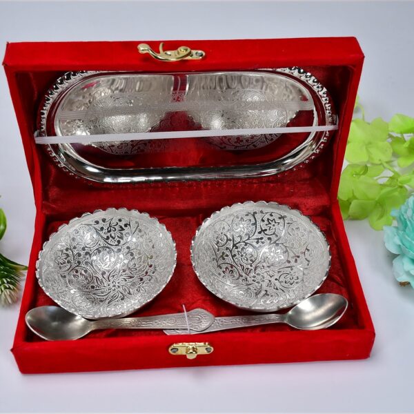 2947A Silver Plated 2 Bowl 2 Spoon Tray Set Brass with Red Velvet Gift Box Serving Dry Fruits Desserts Gift, Bartan